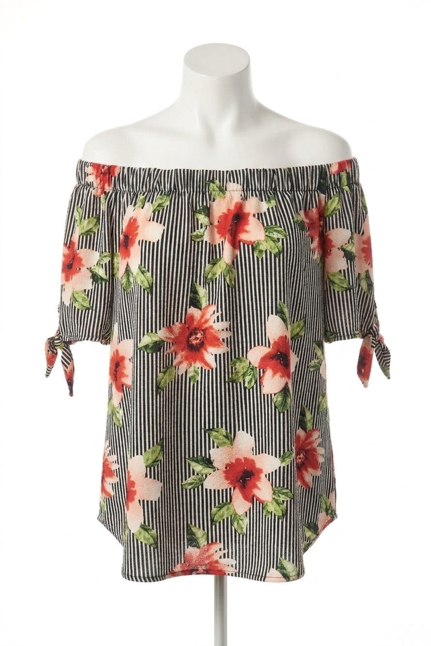 NEW JODIFL women's floral stripe off shoulder tie sleeve in black